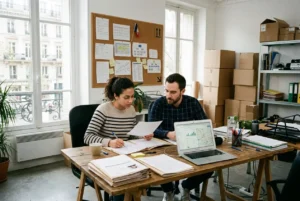Deux professionnels en atelier de logistique discutant autour d’un dossier et d’un ordinateur portable, en contexte d’agence intérim logistique Paris.