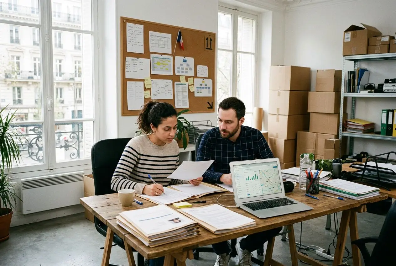 Deux professionnels en atelier de logistique discutant autour d’un dossier et d’un ordinateur portable, en contexte d’agence intérim logistique Paris.