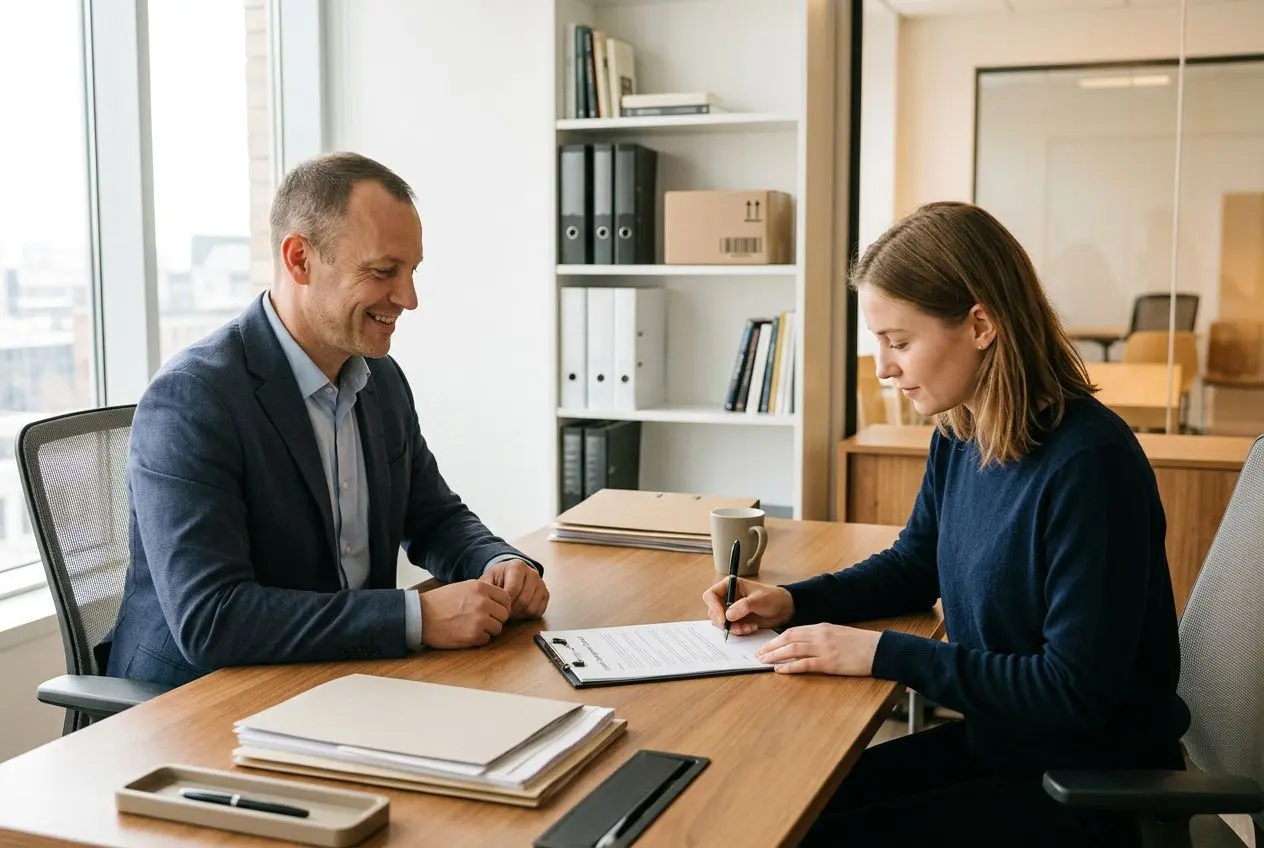 Deux professionnels en entretien dans un bureau lumineux; l’un signe un document, l’autre observe avec le sourire, près d’un grand bureau et d’étagères. agence intérim logistique paris