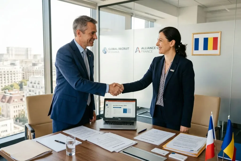Deux professionnels se serrent la main dans un bureau lumineux, contrats et ordinateur ouverts sur la table, drapeaux roumain et français en arrière-plan. agence d'intérim roumaine en france.