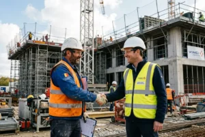 Deux travailleurs en chantier se serrant la main, costumes de sécurité et gilets réfléchissants, autour d’un bâtiment en construction. En contexte: travailleurs détachés roumanie france.