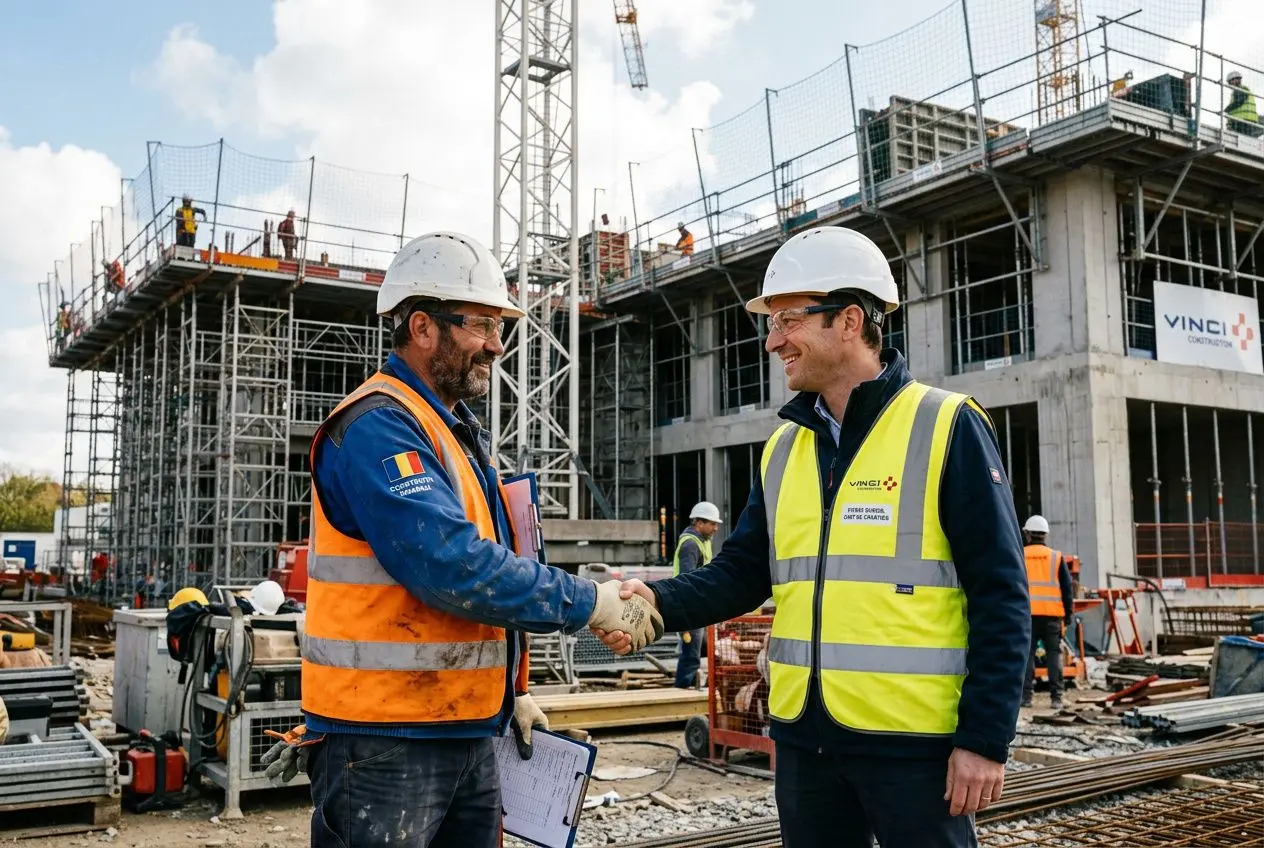 Deux travailleurs en chantier se serrant la main, costumes de sécurité et gilets réfléchissants, autour d’un bâtiment en construction. En contexte: travailleurs détachés roumanie france.