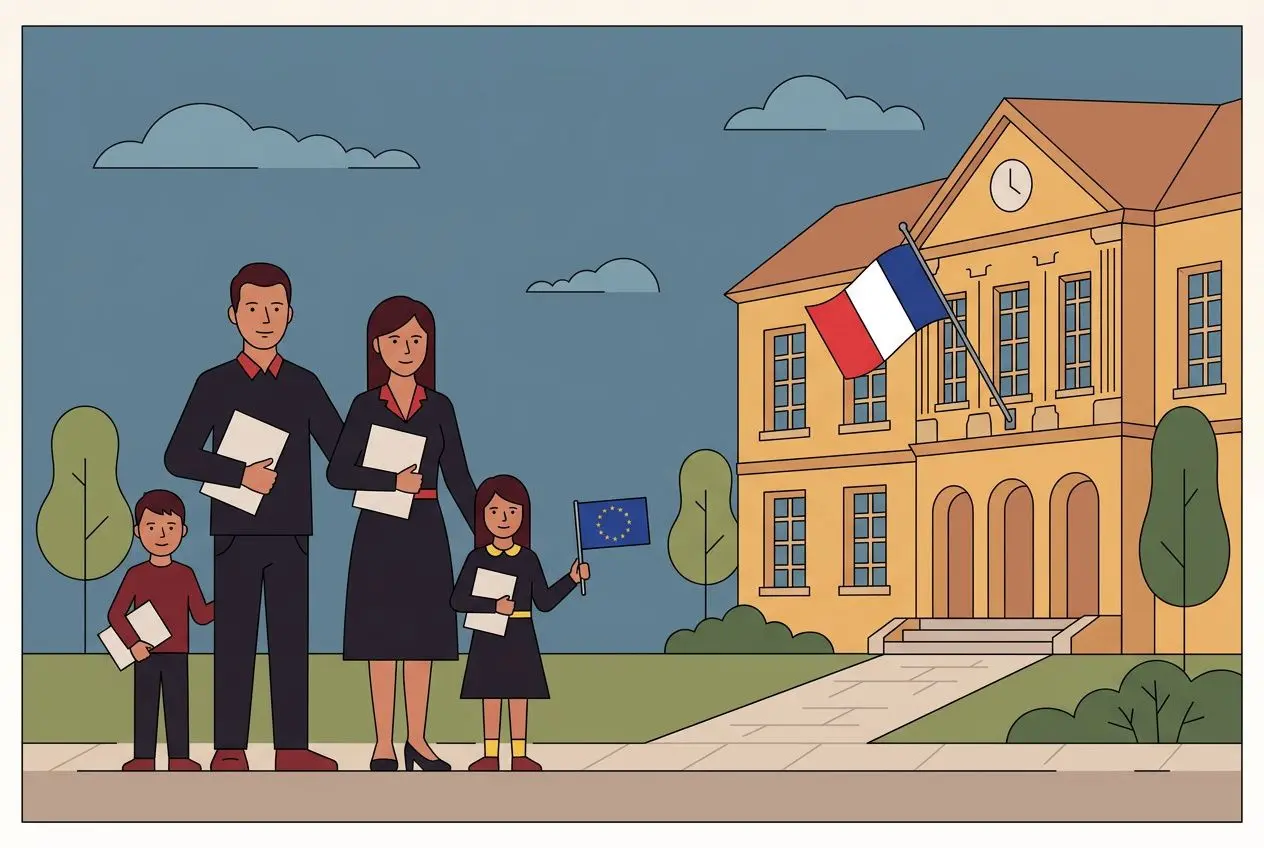 Famille européenne devant une mairie française, tenant des documents; drapeau de l’UE et drapeau français près d’un bâtiment administratif.