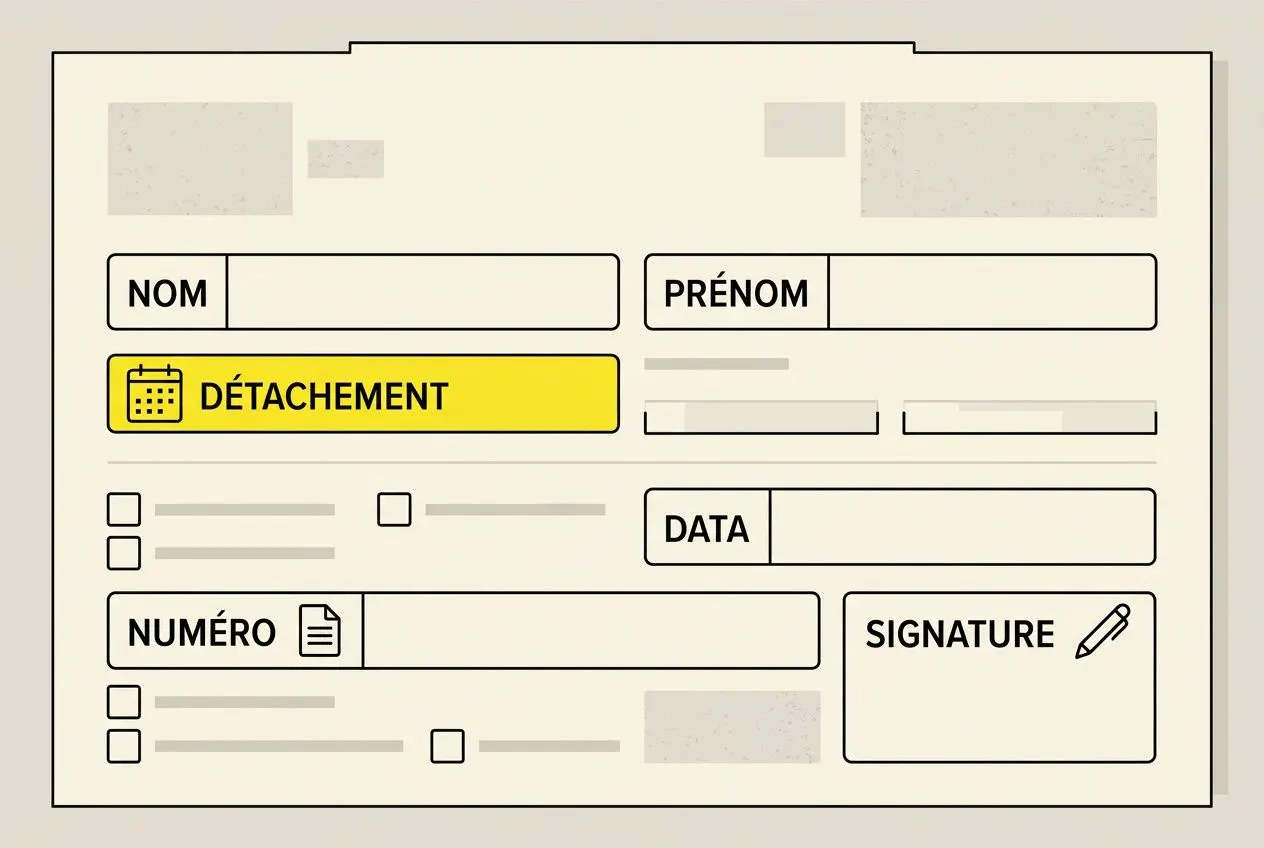 Formulaire de détachement administratif affiché sur une fiche de demande, avec champs NOM, PRÉNOM, DATE, NUMÉRO et SIGNATURE, destiné à l’agence intérim BTP roumaine.
