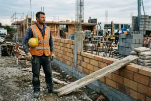 Homme ouvrier portant gilet orange et casque jaune sur un chantier de construction en pleine rénovation. Un roumain peut-il travailler en france, guide complet.
