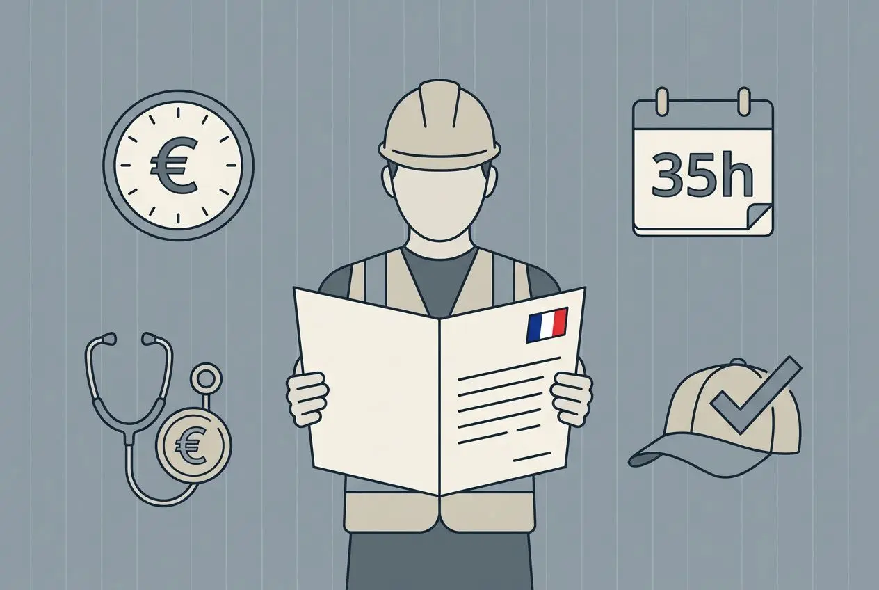 Illustration d’un salarié en détachement privé consultant un document, avec horloge, calendrier 35h, stéthoscope et casque de sécurité.