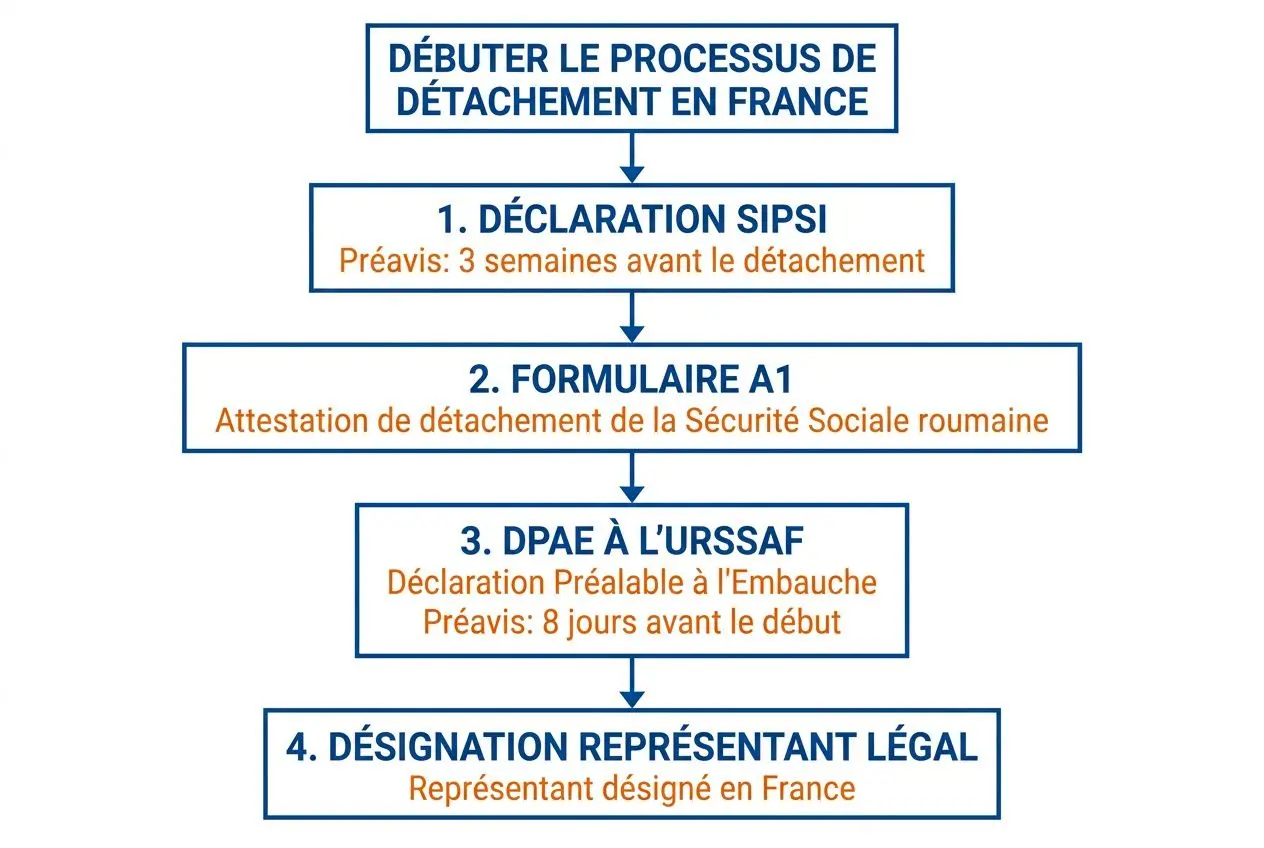 Processus de détachement en France pour les travailleurs détachés roumanie france, avec étapes SIPSI, formulaire A1 et DPAE à l’URSSAF, puis désignation du représentant légal.