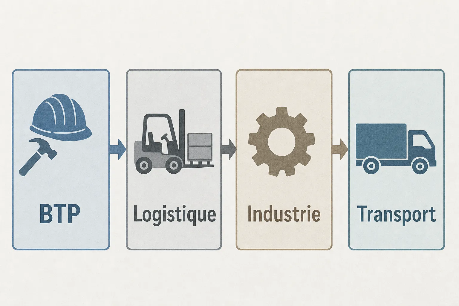 Processus industriel: BTP → Logistique → Industrie → Transport, illustrant les étapes d’une chaîne d’approvisionnement.