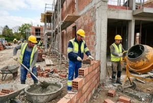 Trois ouvriers du BTP, casques jaunes et gilets réfléchissants, travaillent sur un chantier de construction roumain, posant des briques et manipulant du béton.