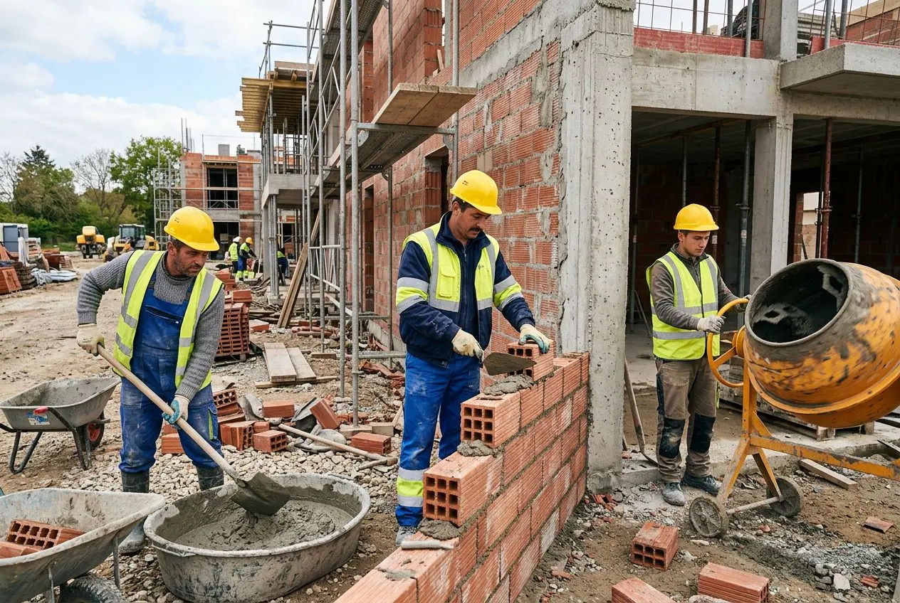 Trois ouvriers du BTP, casques jaunes et gilets réfléchissants, travaillent sur un chantier de construction roumain, posant des briques et manipulant du béton.
