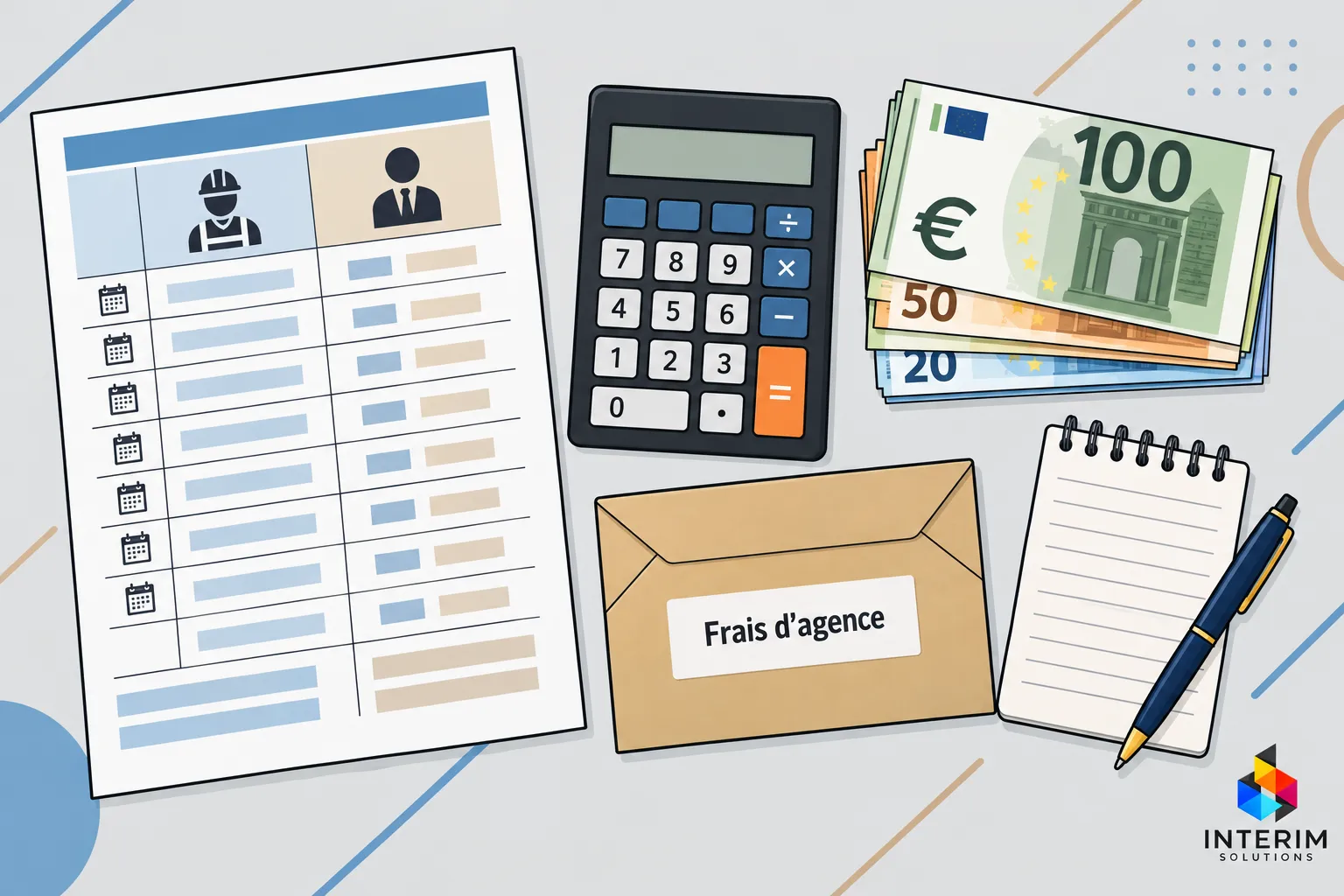 Une calculatrice et des billets de banque posés à côté d’un dossier et d’un carnet, avec une enveloppe étiquetée Frais
