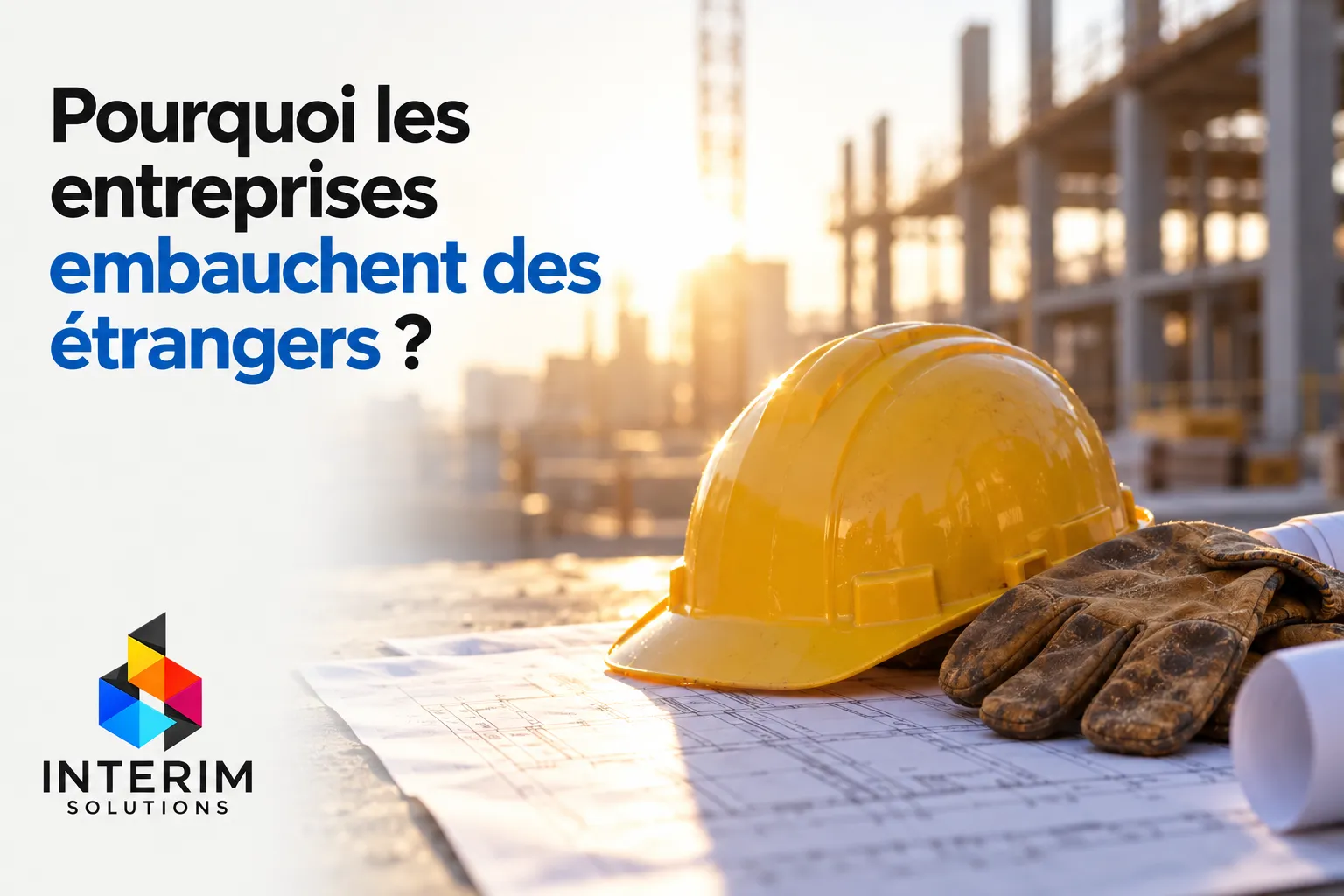 Casque de chantier jaune et gants posés sur des plans de construction à côté d’un site en travaux.
