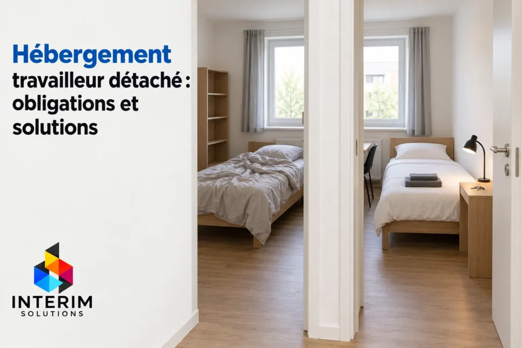 Chambre partagée avec deux lits simples et bureau, vue sur une porte ouverte et un espace de travail.