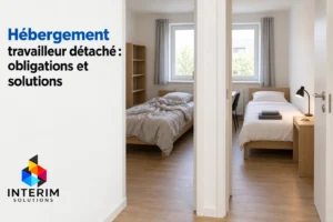 Chambre partagée avec deux lits simples et bureau, vue sur une porte ouverte et un espace de travail.