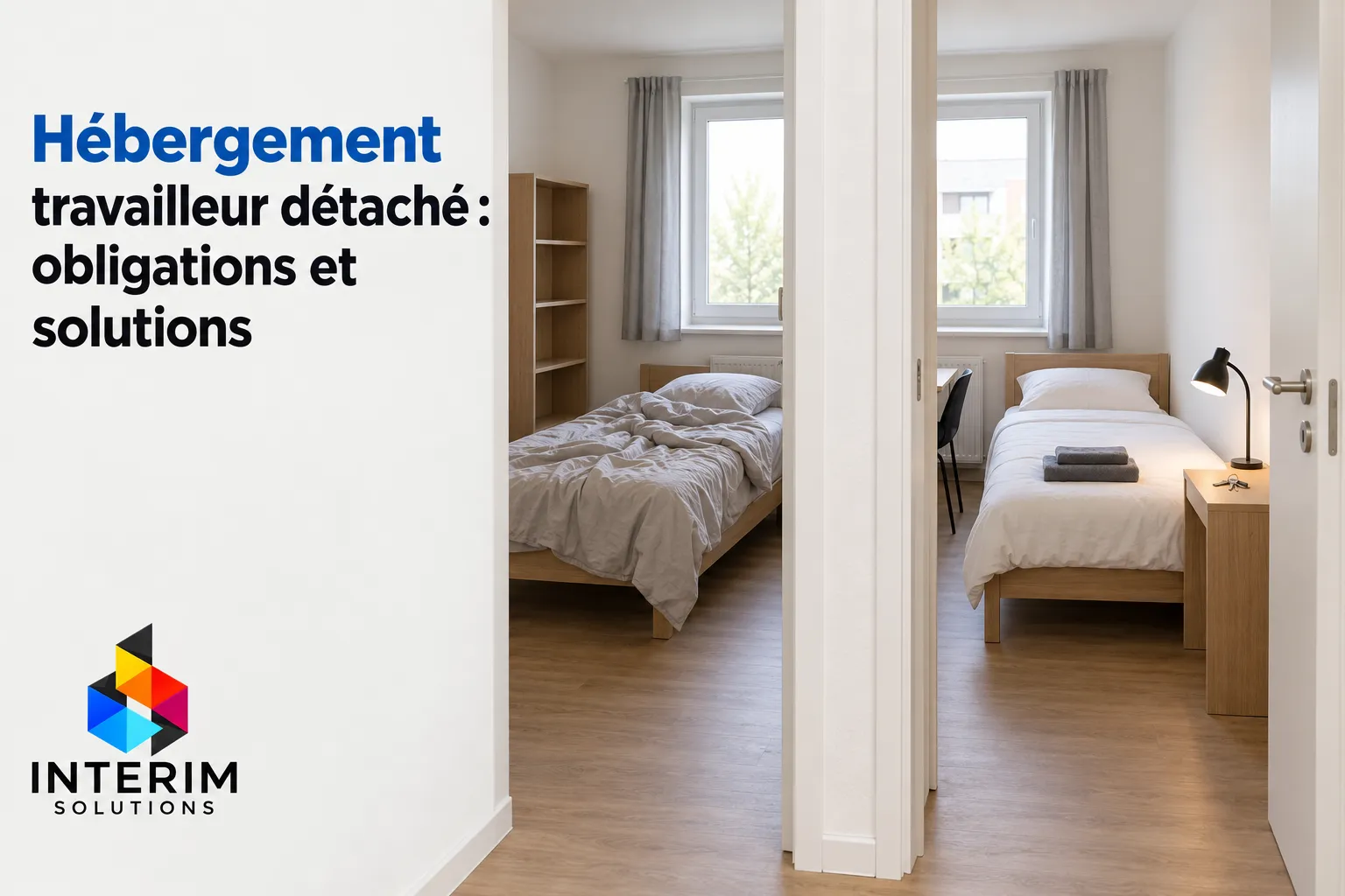 Chambre partagée avec deux lits simples et bureau, vue sur une porte ouverte et un espace de travail.