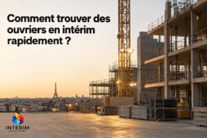 Un chantier de construction avec une grue et des structures en bâtiment, au coucher du soleil.
