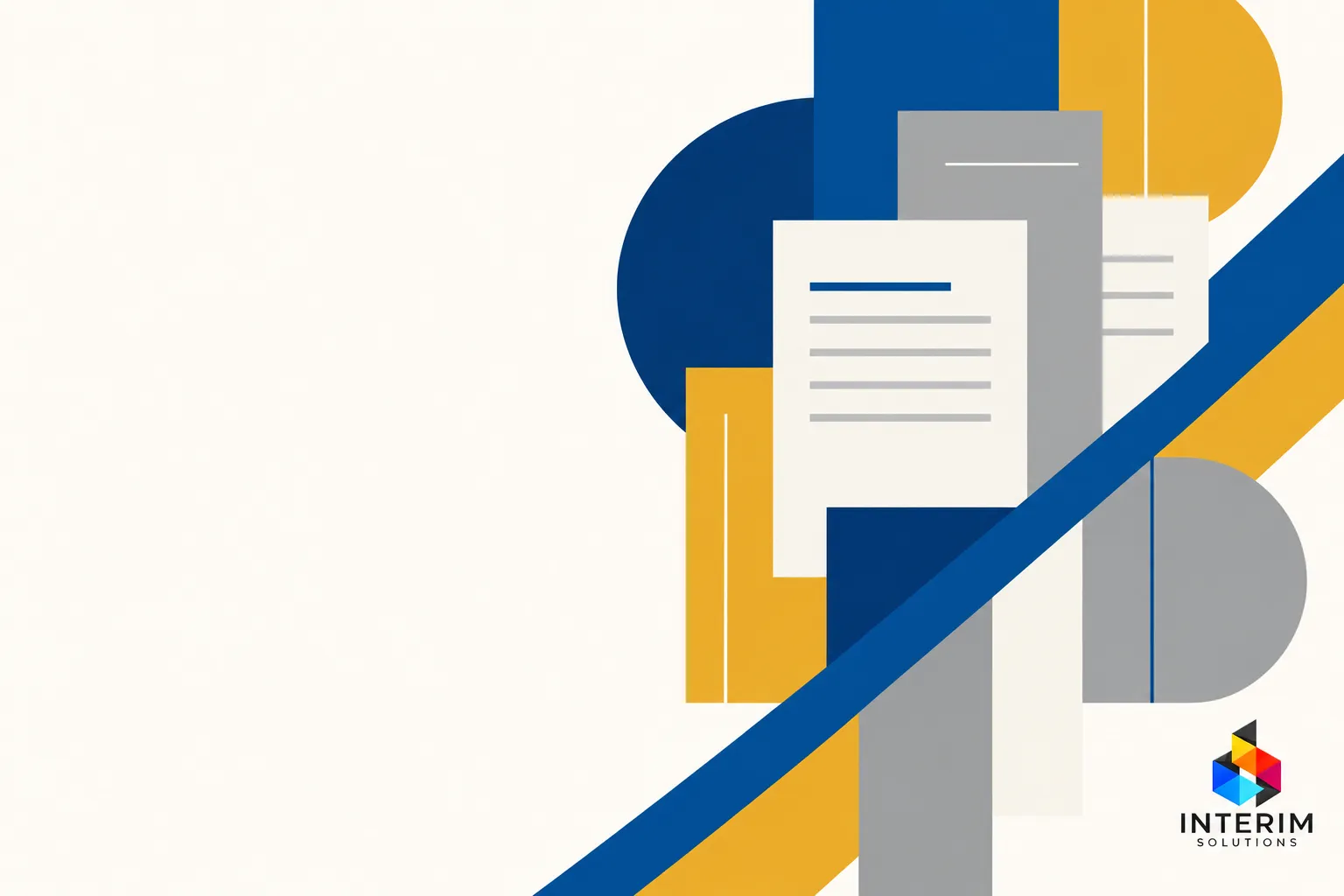 Diagrammes et documents empilés avec une ligne diagonale bleue traversante et le logo INTERIM SOLUTIONS au coin inférieur