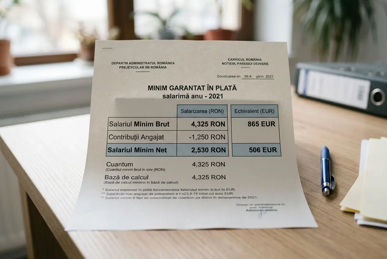 Document affichant le salaire minimum en Roumanie 2021 avec détail brut, net et conversion en euros, relatif au contexte « roumanie salaire minimum ».