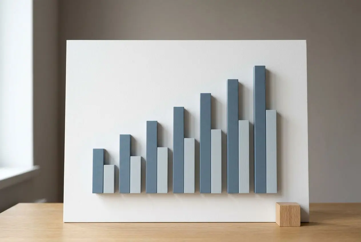 Graphique en barres 3D affiché sur un panneau blanc, montrant une progression ascendante des valeurs, posé sur une table près d'une fenêtre. intégration du mot-clé: roumanie salaire minimum dans la description.