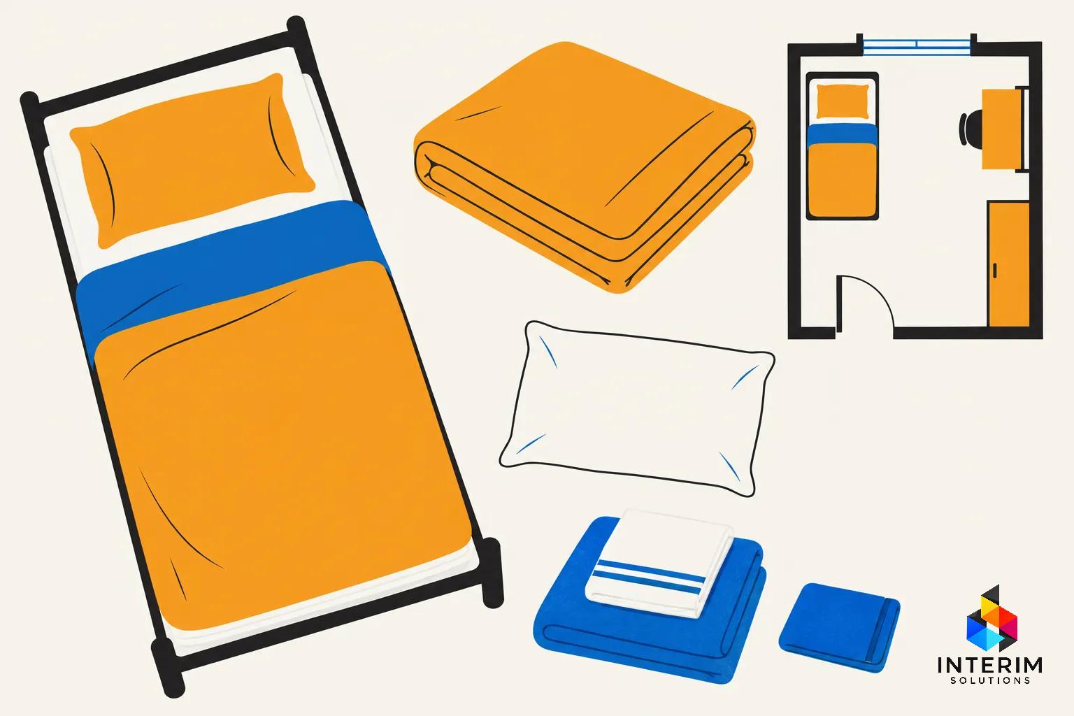 Lit simple d’un logement de travail illustré avec un lit, une couverture pliée et du linge de maison.