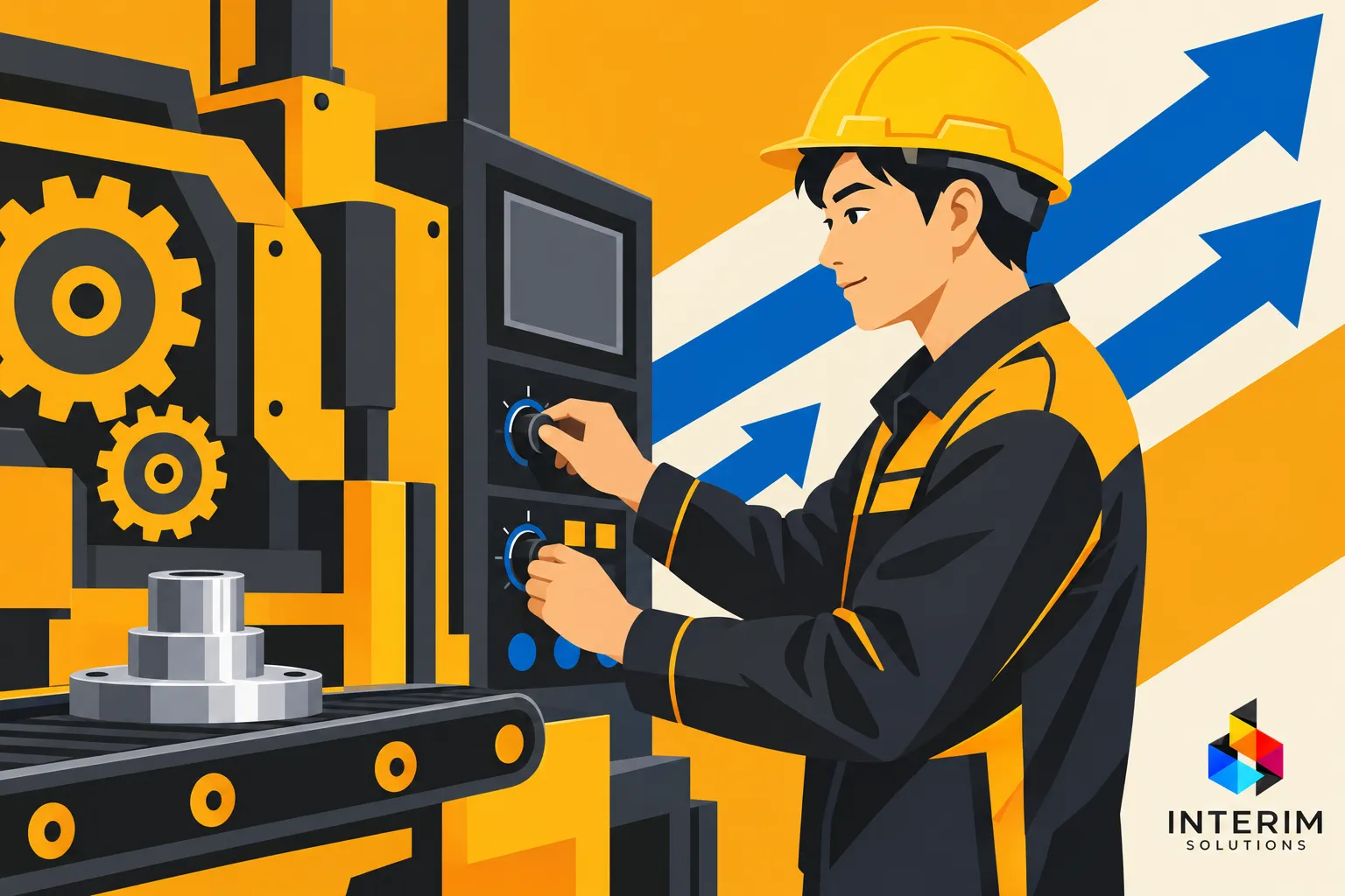Un ouvrier portant un casque jaune ajuste les commandes d’une machine industrielle orange et noire.