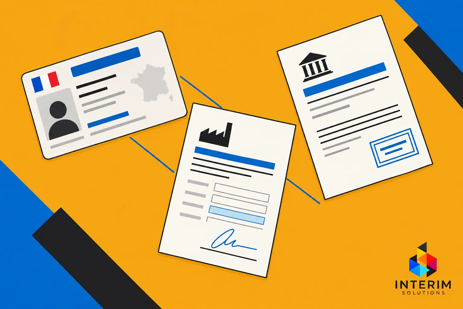 Trois documents administratifs posés en diagonale sur un fond orange, reliés entre eux par des lignes bleues.