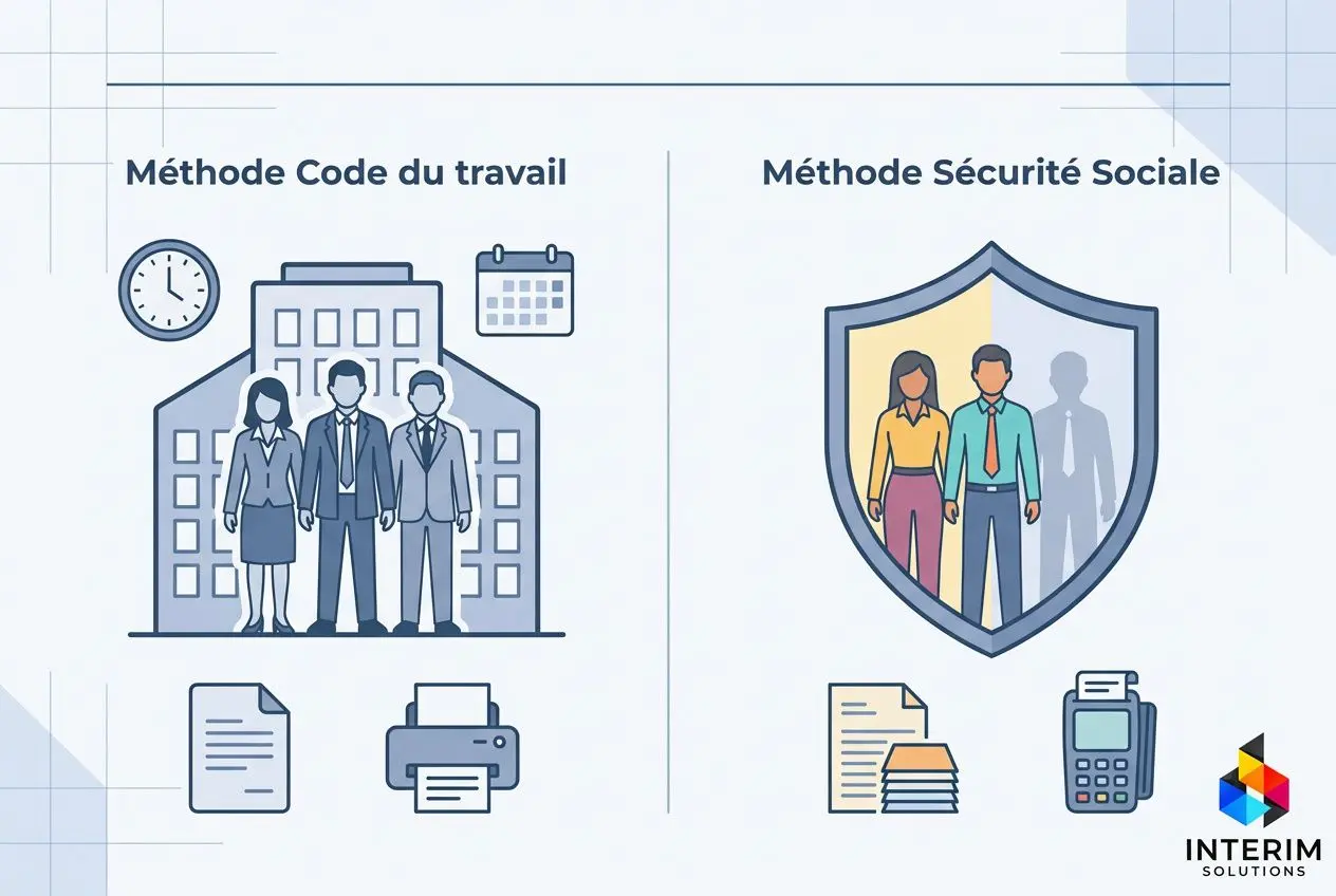 Adapter effectifs selon demande entreprise : illustration B. droit du travail et sécurité sociale, avec salariés, documents et outils bureautiques.