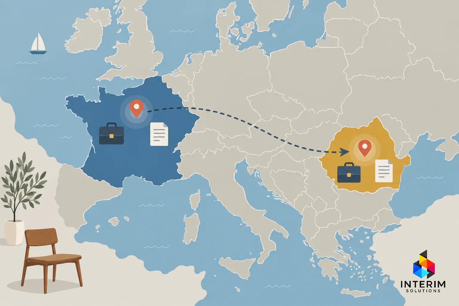 Carte montrant un transfert de travailleurs entre la Roumanie et la France, avec icônes de documents et mallettes, et le logo d’Interim Solutions. main d œuvre roumaine en france