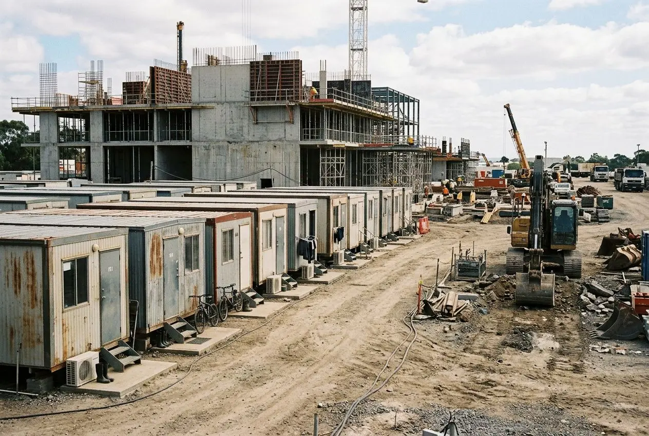 Chantier en cours avec rangées de logements temporaires et infrastructures en construction, matériel et véhicules sur le sol. Hébergement à proximité chantier pour équipes.