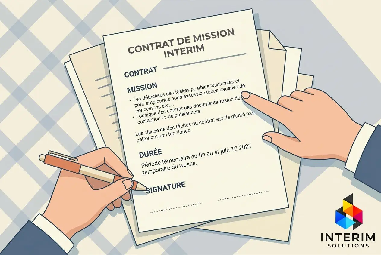 Contrat de mission intérim en cours de signature, montrant une main qui écrit et signe. Intérim comment ça marche, guide du travail temporaire.