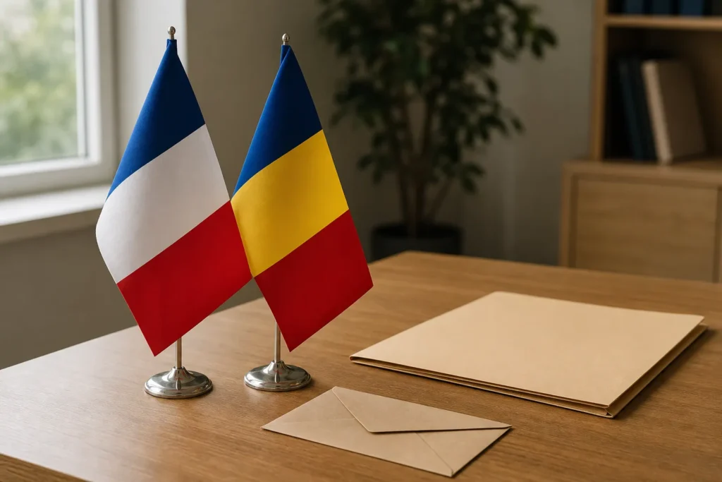 Deux petits drapeaux, France et Roumanie, sur un bureau avec des dossiers et enveloppes, illustrant les documents nécessaires pour travailler en roumanie.