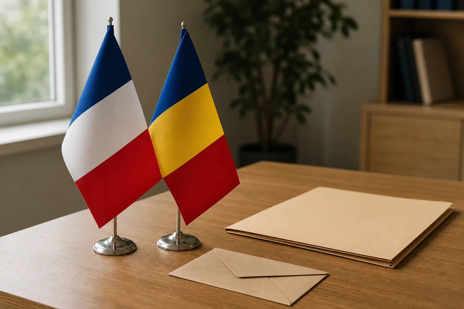 Deux petits drapeaux, France et Roumanie, sur un bureau avec des dossiers et enveloppes, illustrant les documents nécessaires pour travailler en roumanie.
