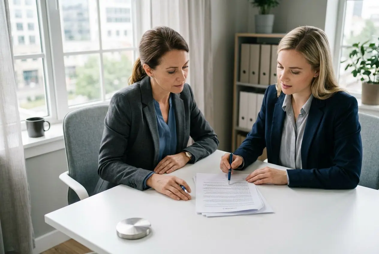 Deux professionnelles en réunion, en train de signer un document sur une table, ambiance bureautique, près d’une fenêtre. Contrat de mission temporaire évoqué.