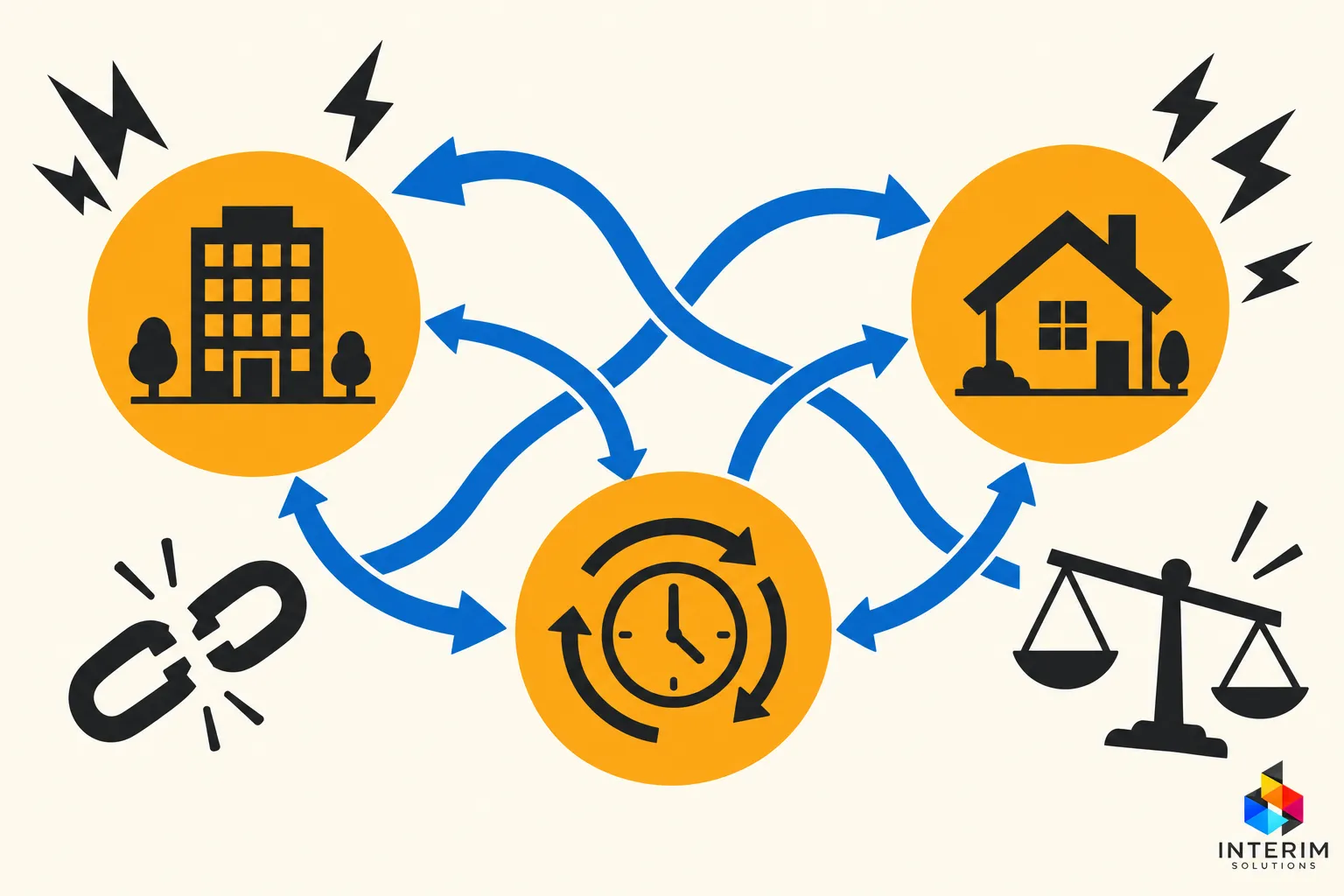 Diagramme illustrant les échanges et les tensions entre travail en entreprise, domicile et coordination temporelle, avec des