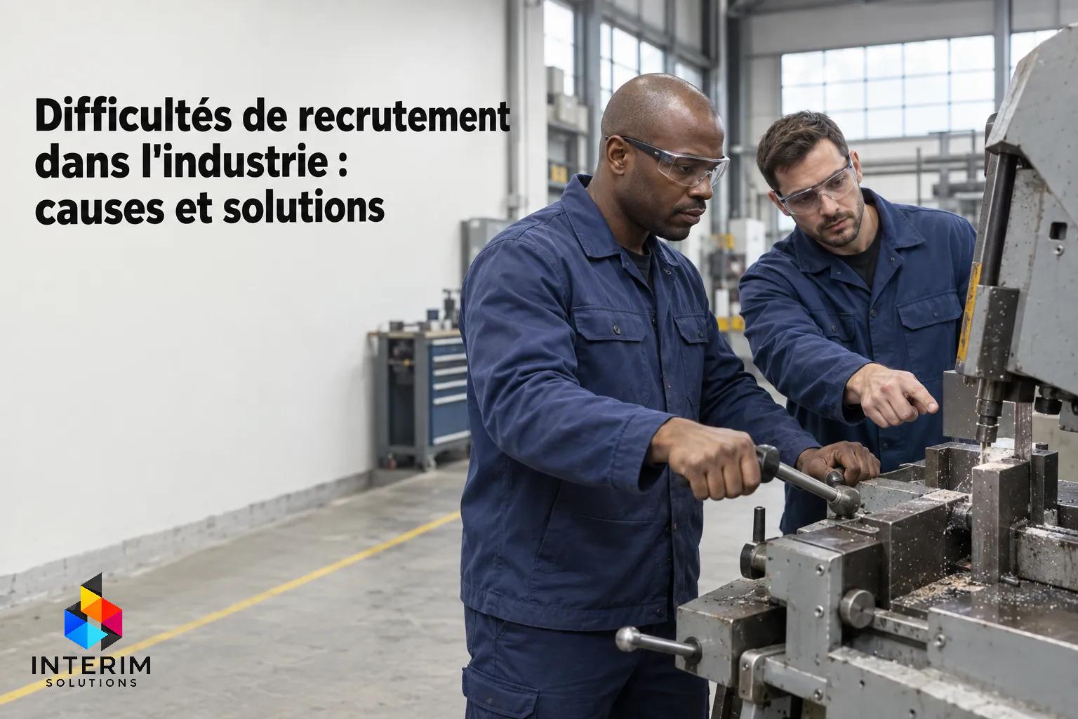 Difficultés de recrutement dans l'industrie : deux opérateurs en atelier ajustant une machine-outil, contexte industriel.