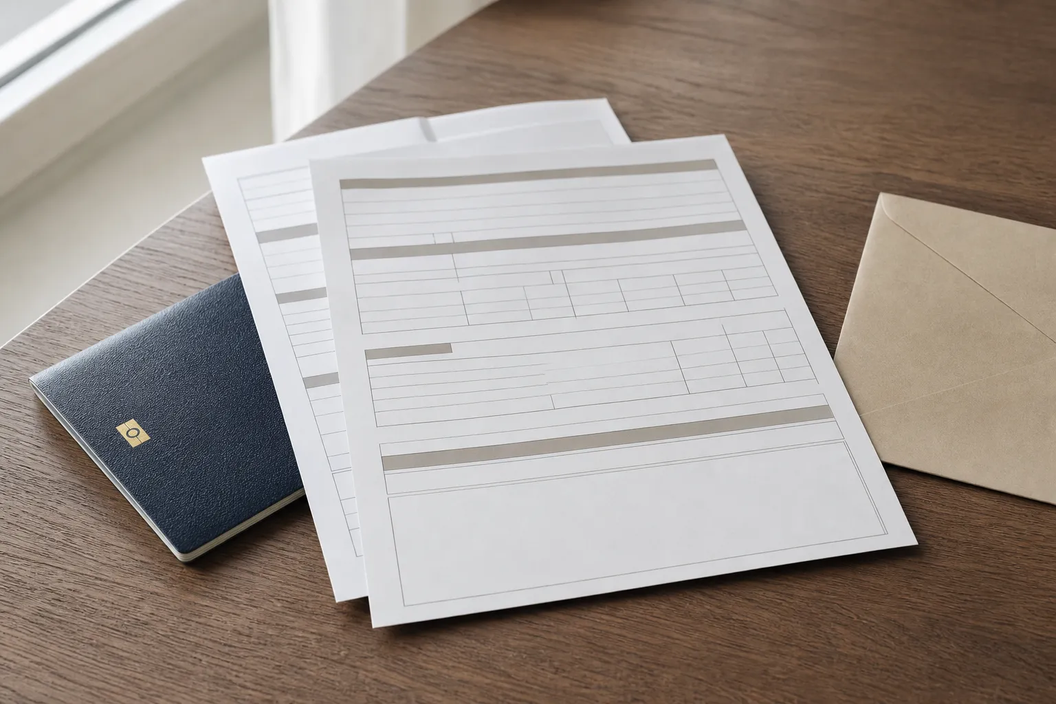 Documents nécessaires pour travailler en Roumanie: formulaires et papiers administratifs sur une table avec carnet et enveloppe.