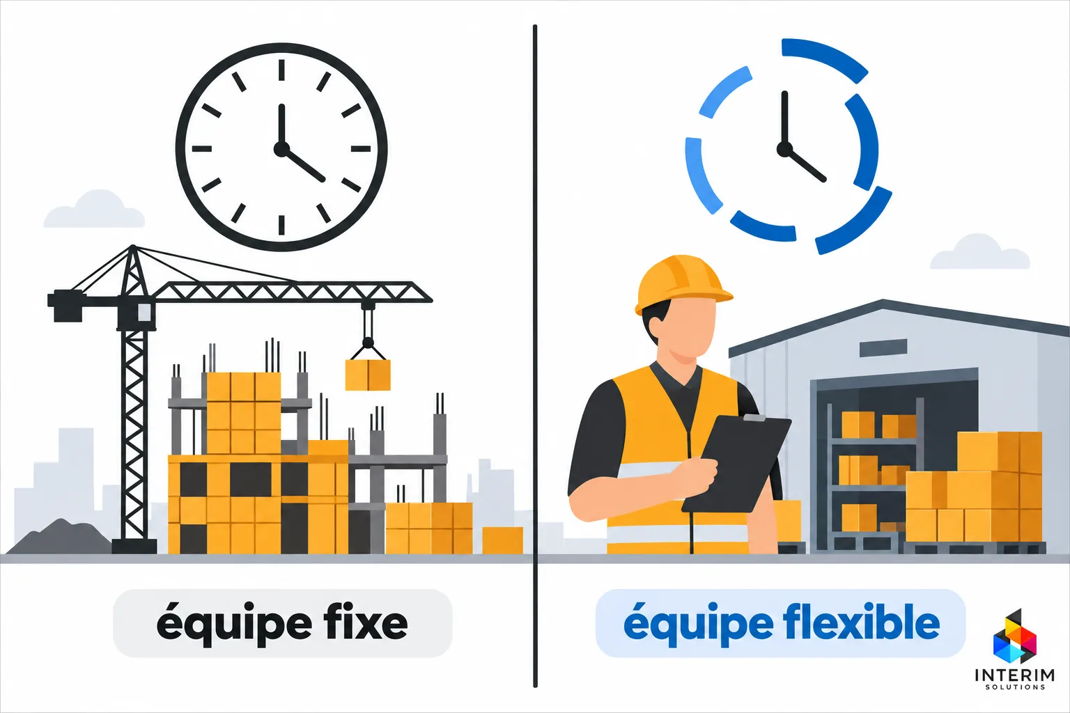 ÉQUIPE flexible: un ouvrier avec un casque prend des notes près d’un hangar et d’outillage, séparé par une ligne verticale
