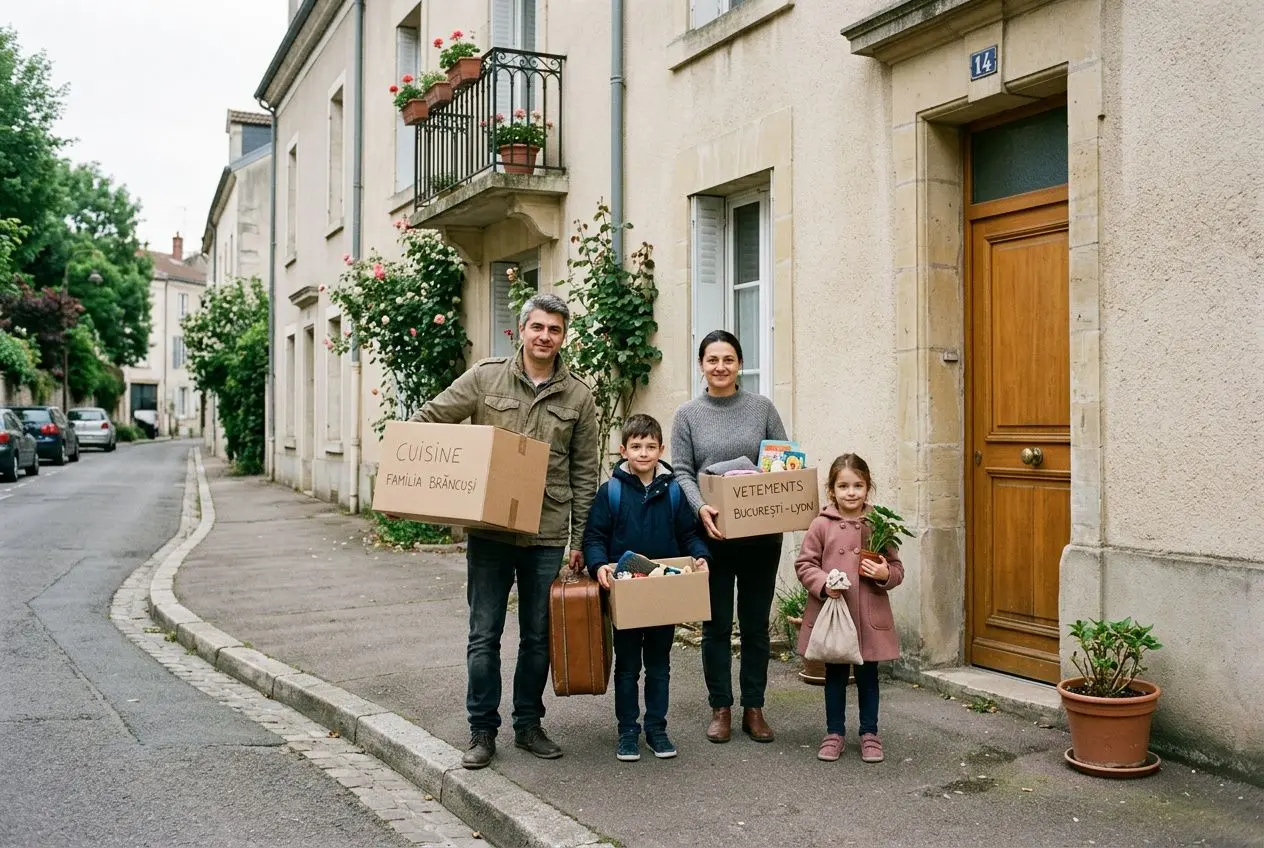 Famille devant une maison française, déménagement avec cartons et valises, après relocation, en lien avec le pourquoi les roumains viennent travailler en france