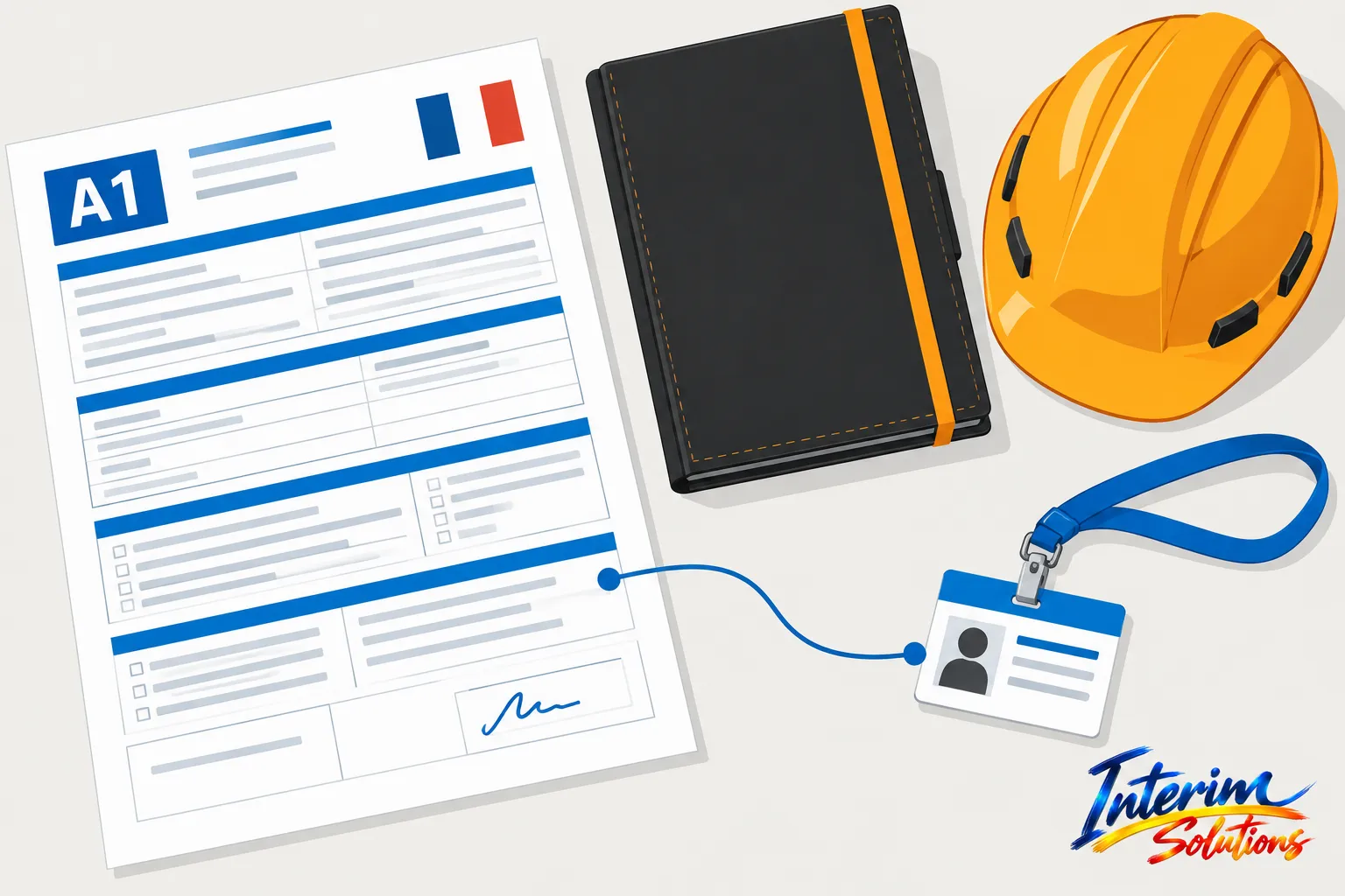 Une fiche A1 blanche avec des zones bleues, une cartouche bleue et des cases à cocher, accompagnée d’un carnet noir, d’un