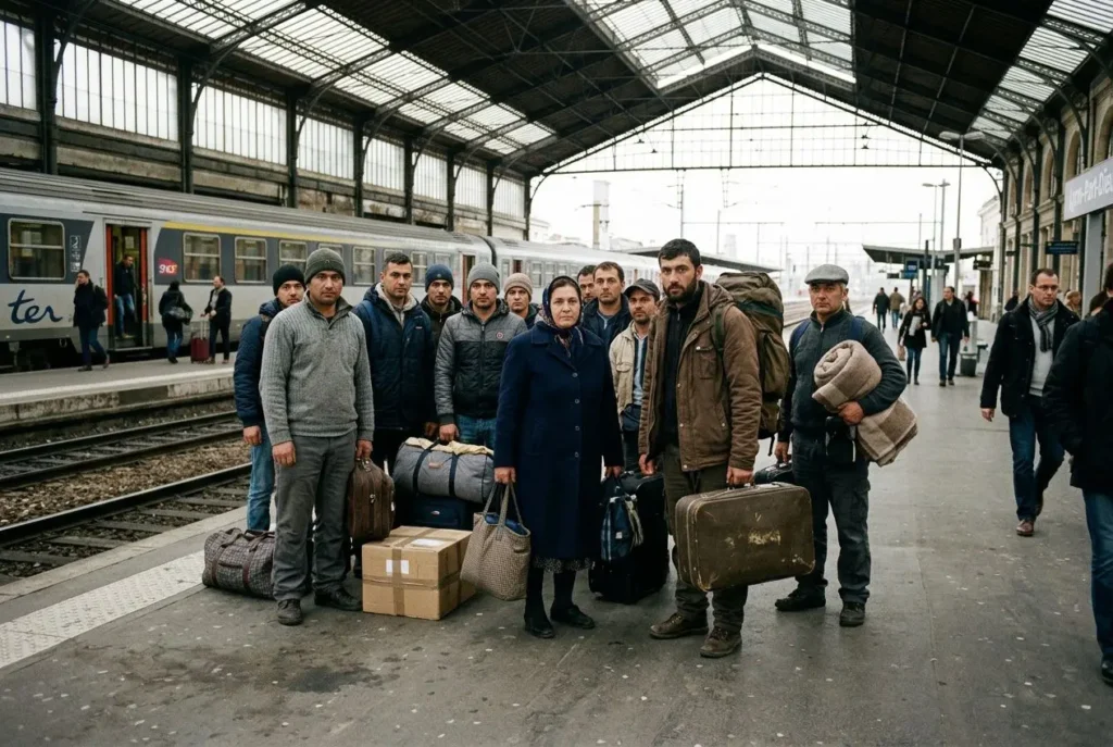Groupe de personnes au gare, portant des valises et sacs, prêt à voyager; ambiance de départ et déplacement. Pourquoi les roumains viennent travailler en france.