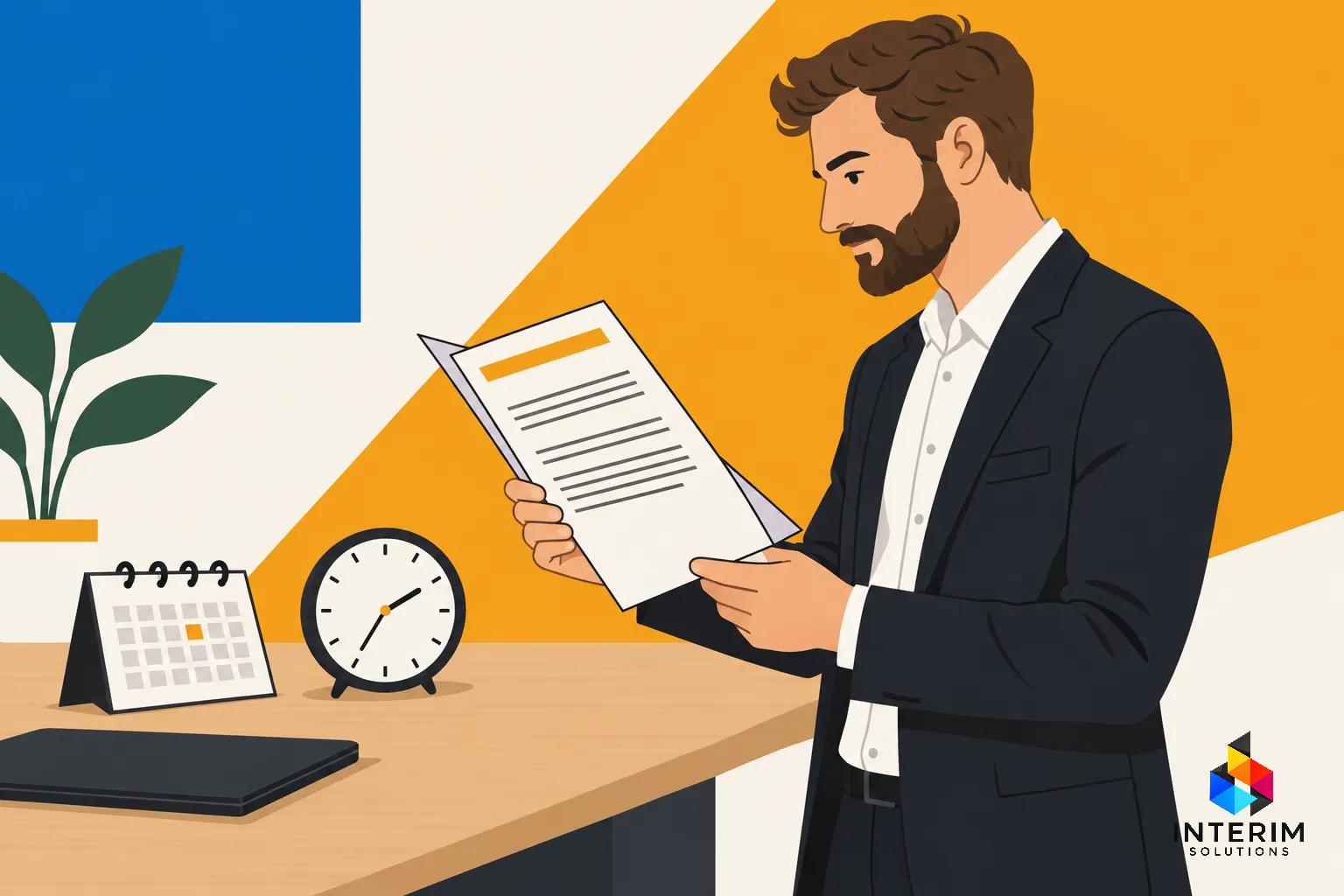 Un homme en costume lit un document posé sur un bureau.