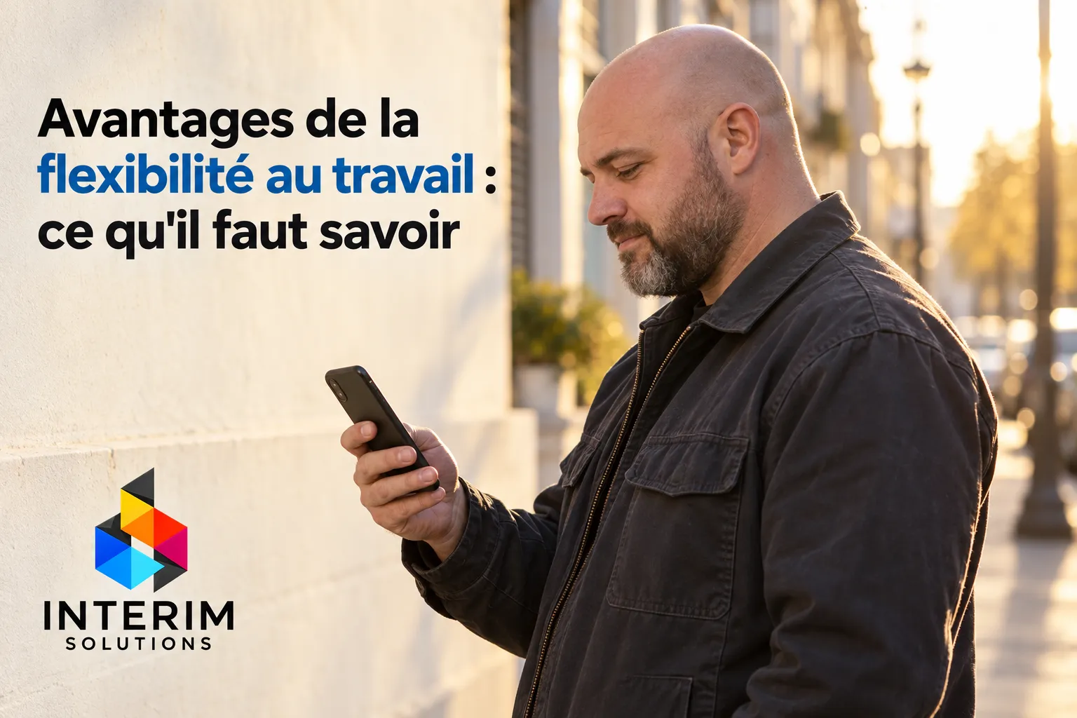 Homme debout dehors consulte son smartphone.