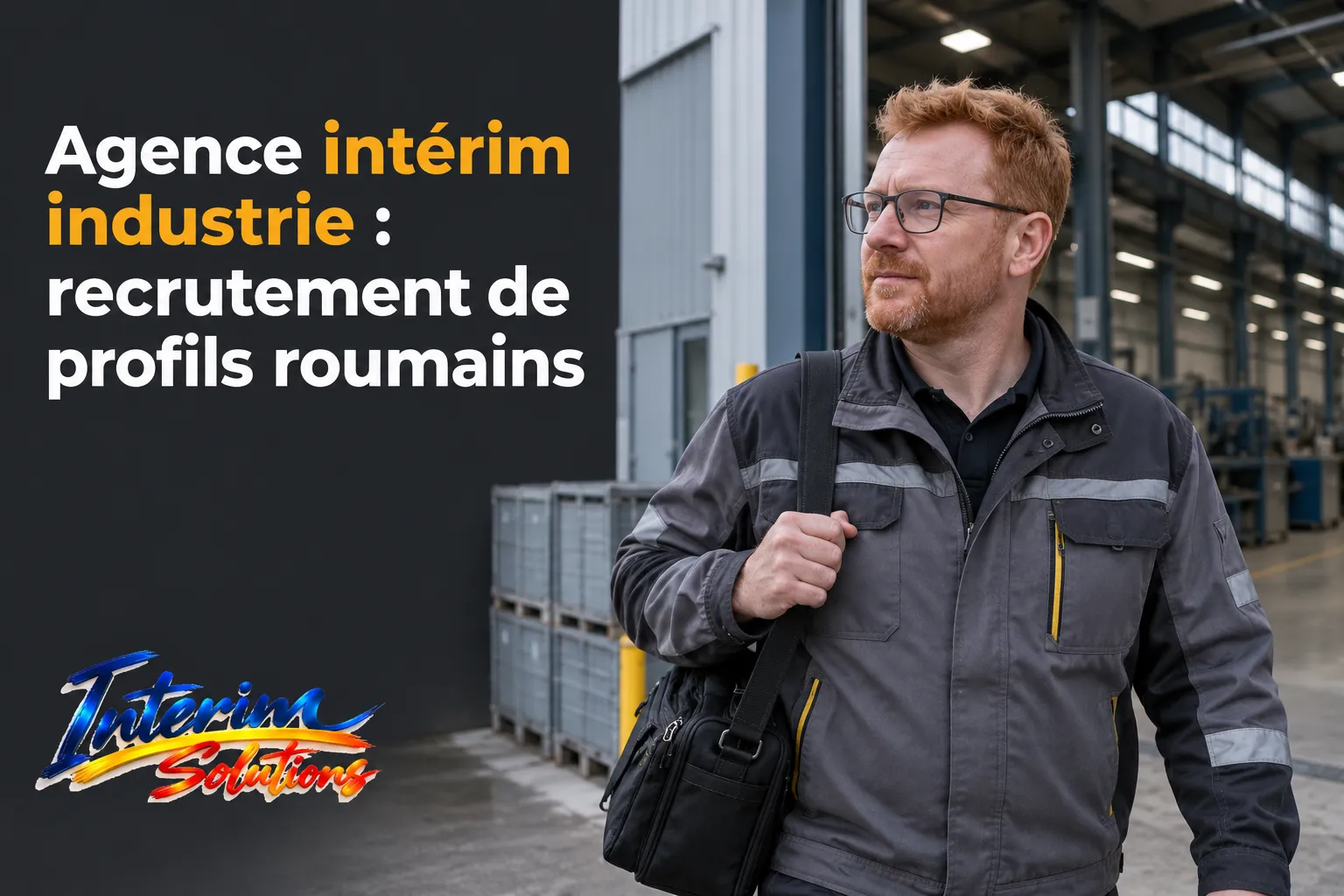 Homme travailleur portant une veste professionnelle et un sac, debout dans une usine ou un entrepôt lumineux.