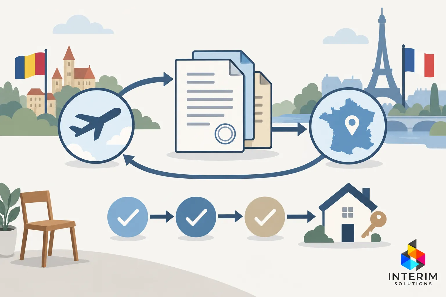 Illustration présentant le recrutement de la main d œuvre roumaine en france: avion, documents, carte de l'Europe et maison, avec des étapes de procédure et le logo Solutirem.