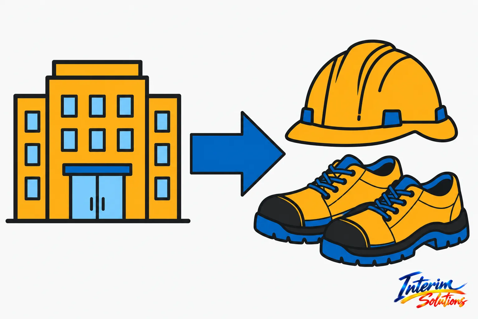 Logo représentant une usine avec une flèche pointant vers des équipements de protection individuelle (casque et chaussures