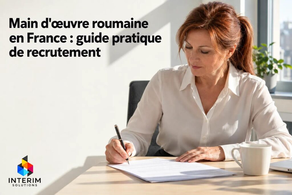Main d'œuvre roumaine en France : femme escrit des documents sur un bureau, ambiance bureau, logo INTERIM SOLUTIONS en bas.