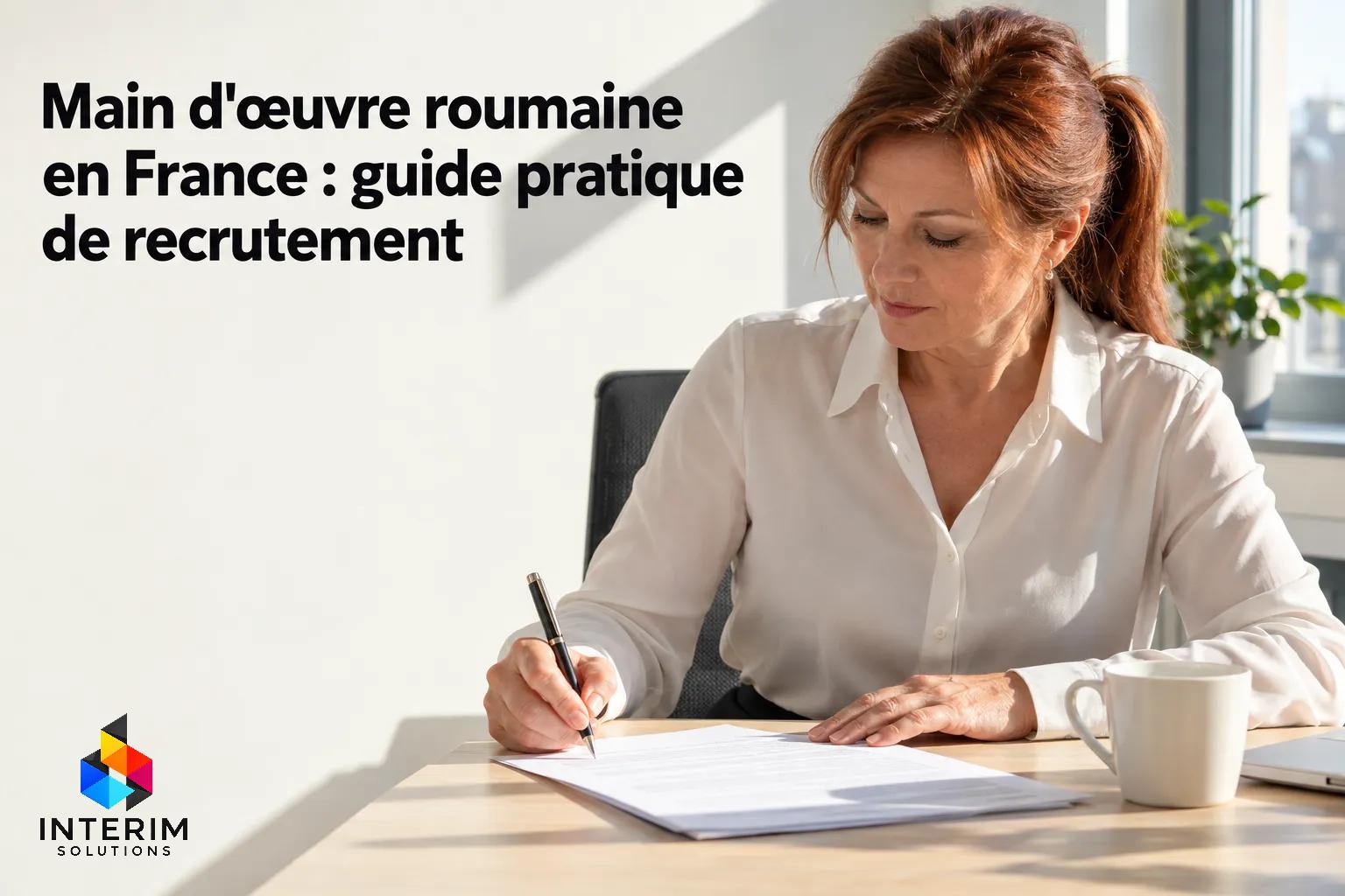 Main d'œuvre roumaine en France : femme escrit des documents sur un bureau, ambiance bureau, logo INTERIM SOLUTIONS en bas.