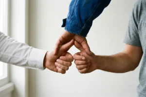 Main sujet: deux mains serrant les poignets, symbolisant un accord ou un soutien. intérim comment ça marche dans l'image: liens de collaboration et entraide professionnelle.