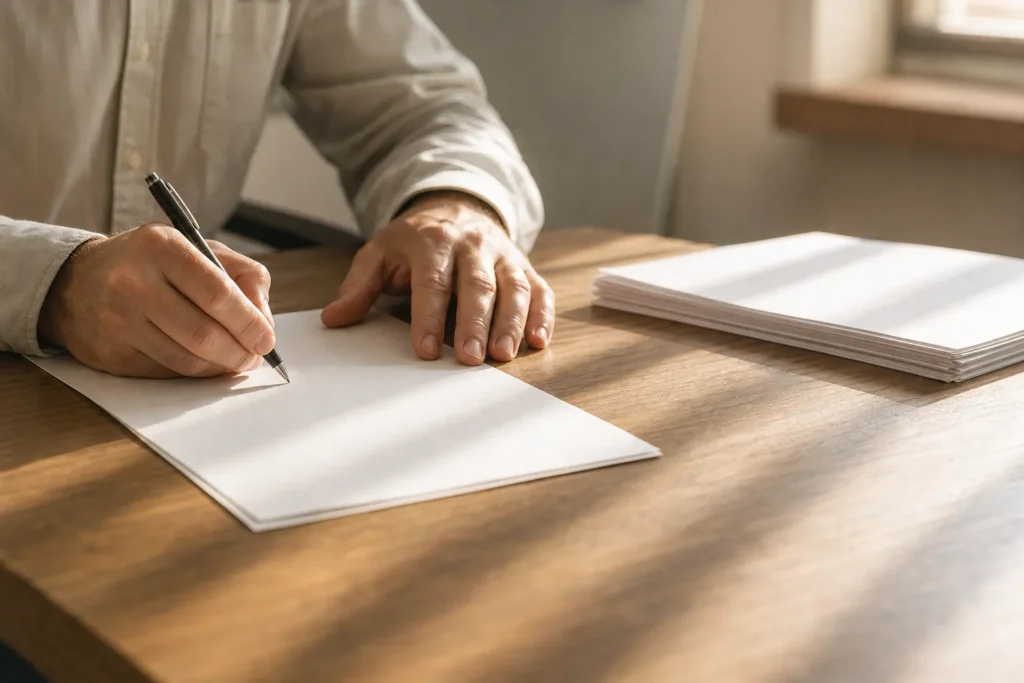 Personne écrivant de la main droite sur une feuille blanche, avec une pile de documents à côté sur une table en bois. car les caractéristiques d'un contrat de travail roumain.