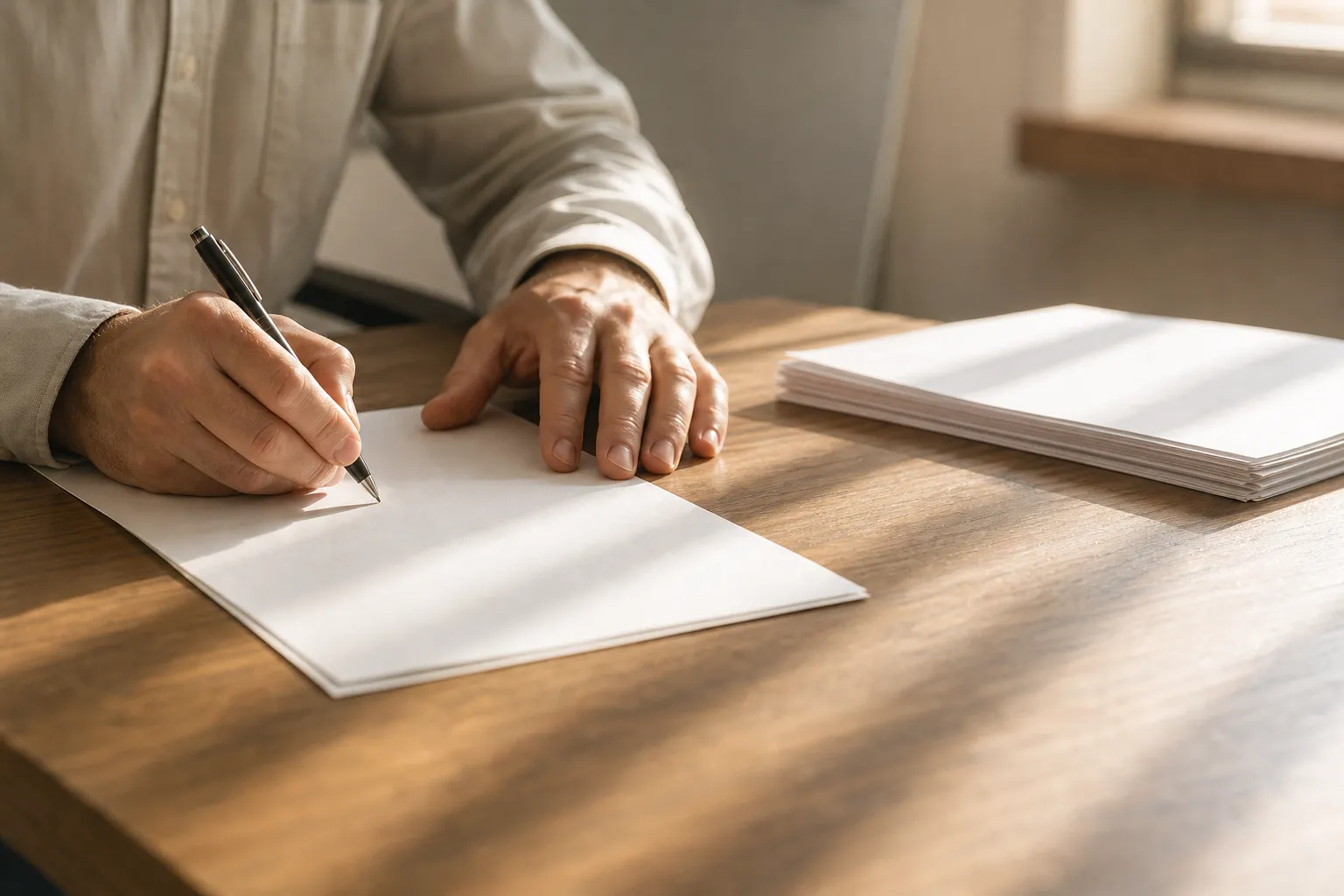 Personne écrivant de la main droite sur une feuille blanche, avec une pile de documents à côté sur une table en bois. car les caractéristiques d'un contrat de travail roumain.